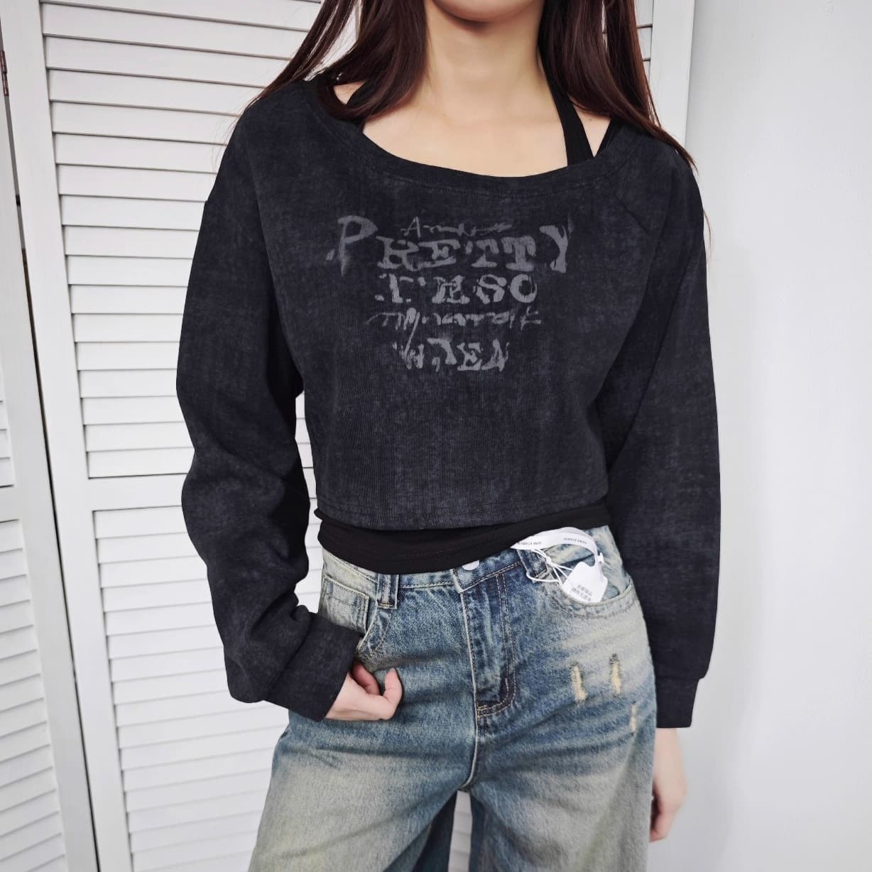 Off-Shoulder Cropped Two-Piece Vest Hoodie for Women, Spring/Autumn, Slant-Shoulder Light Asian Style, Letter Print, Loose Casual Top