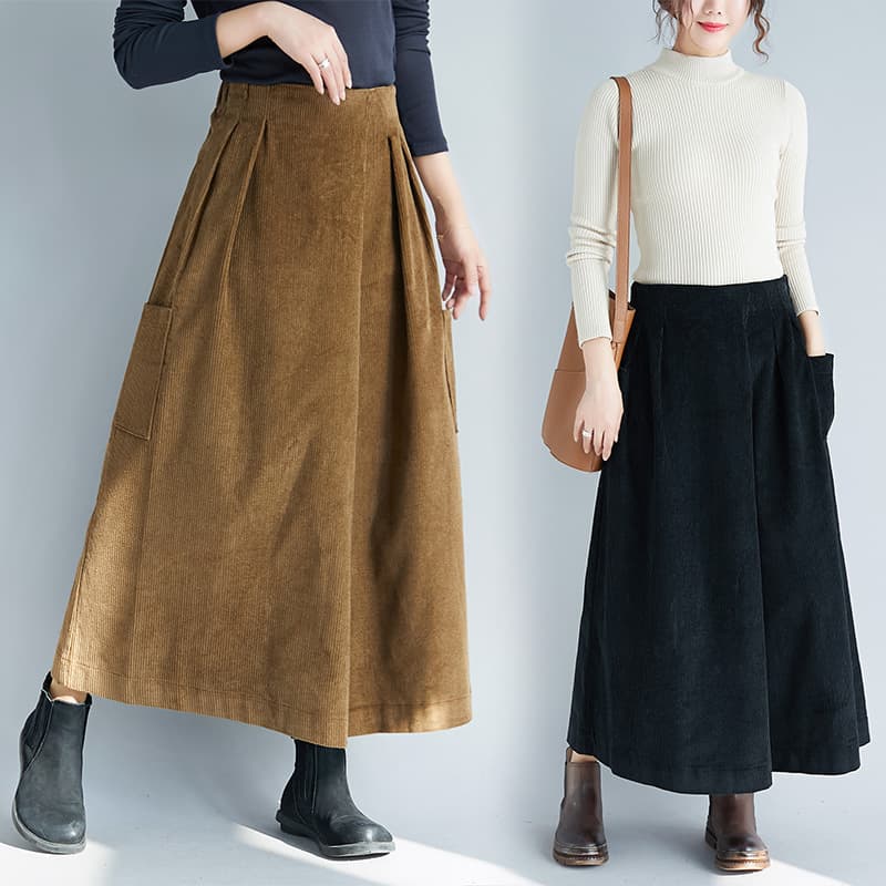 Plus Size New Vintage Corduroy Women's Pants, Elastic Waist with Zipper, Wide Leg, Autumn/Winter 2020, Stylish Casual Plus Size