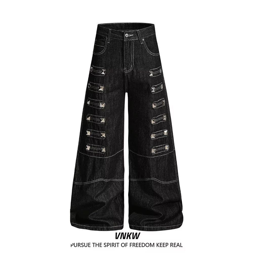 Cross-border Exclusive American Heavy-duty Rivet Visible Stitching Raw Denim Jeans Unisex Y2K Punk Flared Pants