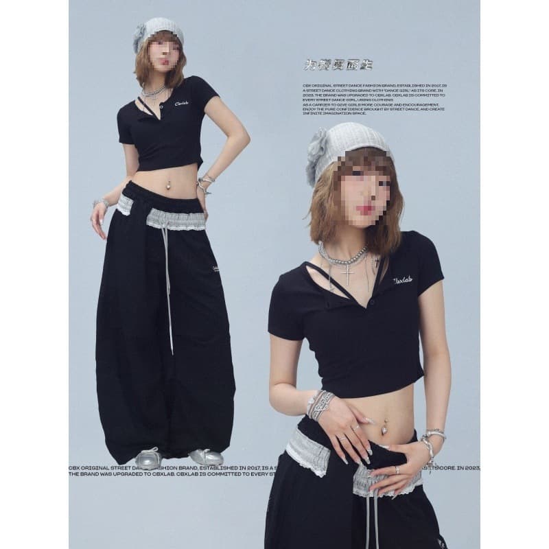 Street Dance Trendy Brand Sexy Slim-Fit Jazz V-Neck Top Soft Ribbed K-Pop Spicy Girl Dance Short-Sleeve Women's Top