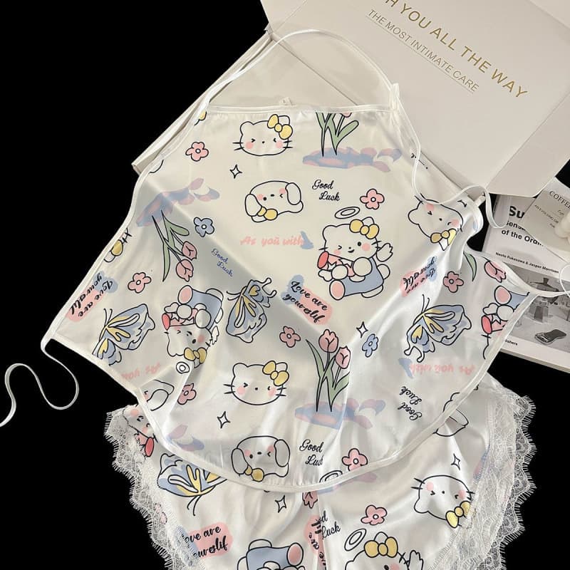 Tulip Kitty Ice Silk Camisole Sleepwear Set Tie-Back Lace Shorts Sweet Summer New Arrival