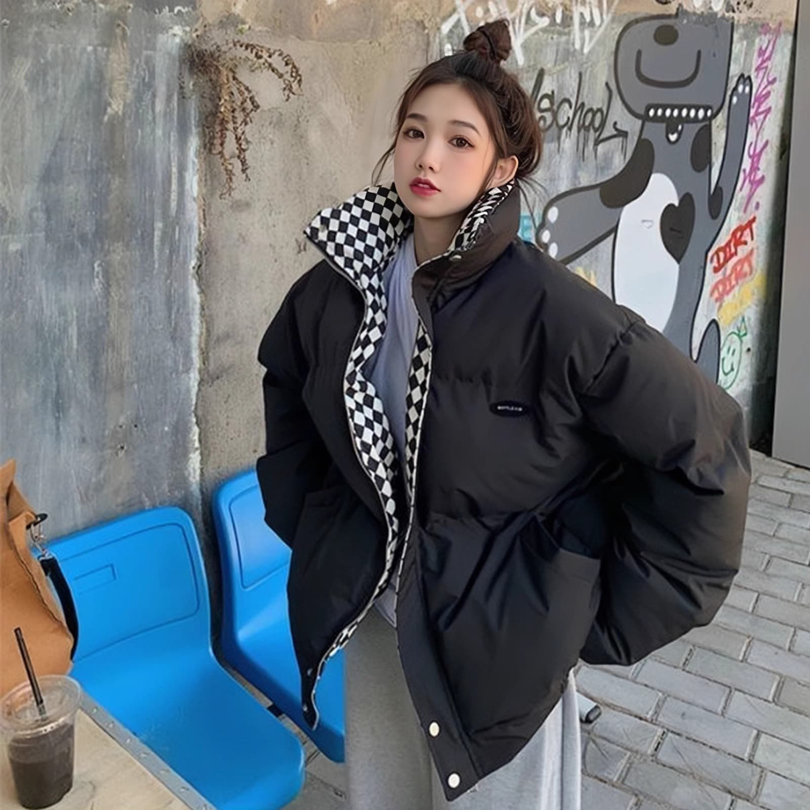 Winter Plaid Cotton Coat for Women, Turn-down Collar Youth Casual Trendy Warm Retro Sports Windproof Thickened Jacket