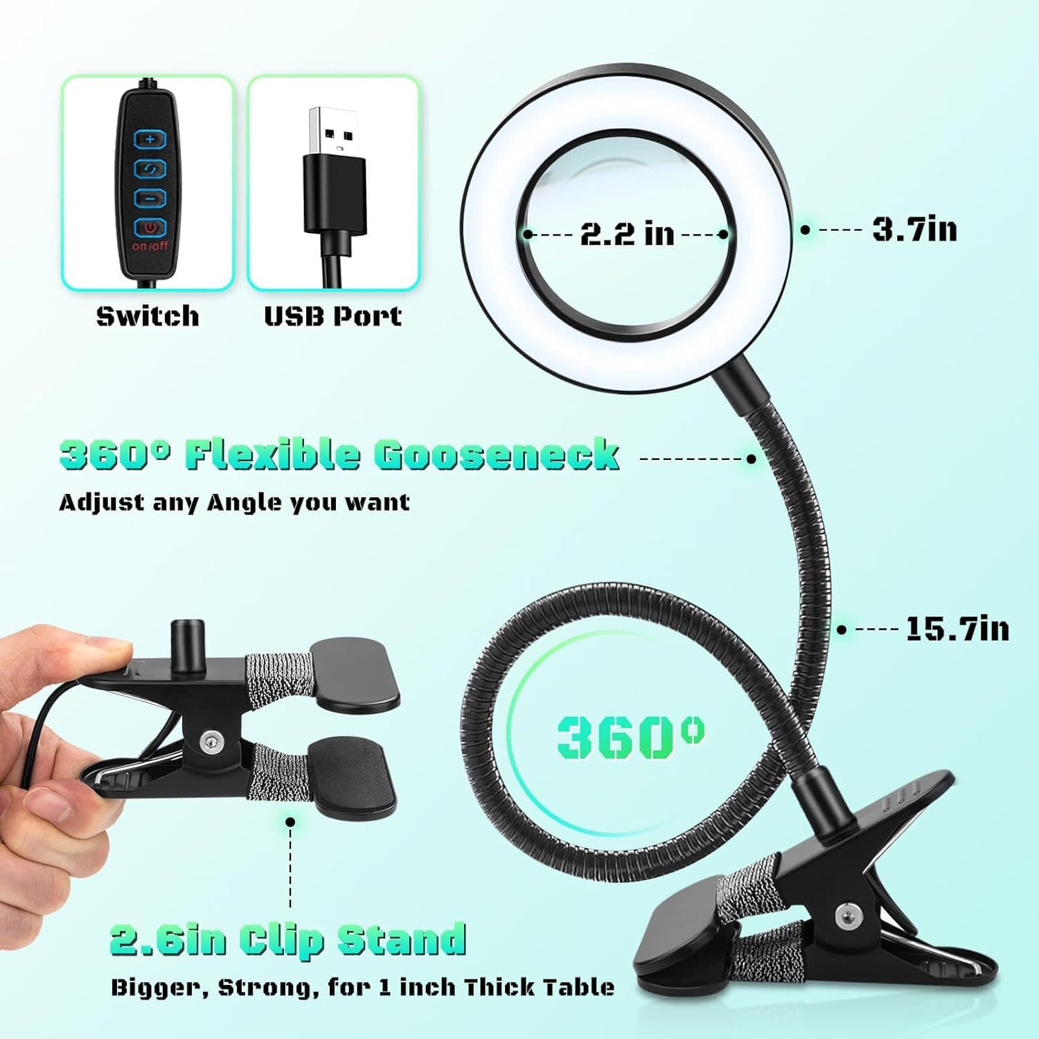 95 Magnifying Clip Desk Lamp for Tattoo, Beauty, Learning, and Repair Work Light with Dimmable and Color Adjustable Flexible Gooseneck