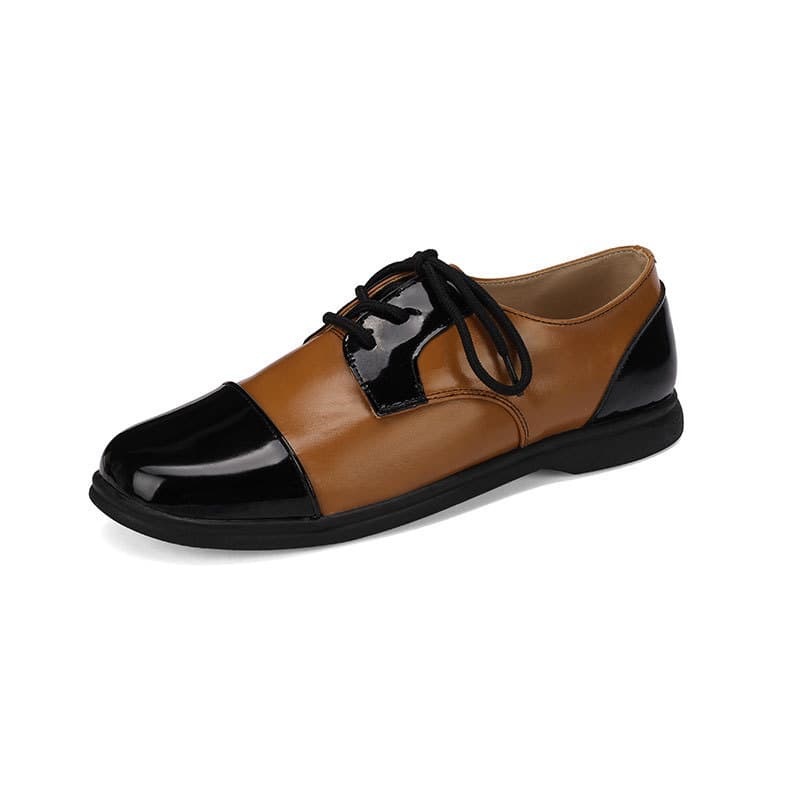 New Cosplay Leather Shoes, Black and White Two-Tone Brogue Shoes, Large Size, Flat Heel, Soft Sole, Lace-Up, Deep Mouth Women's Shoes
