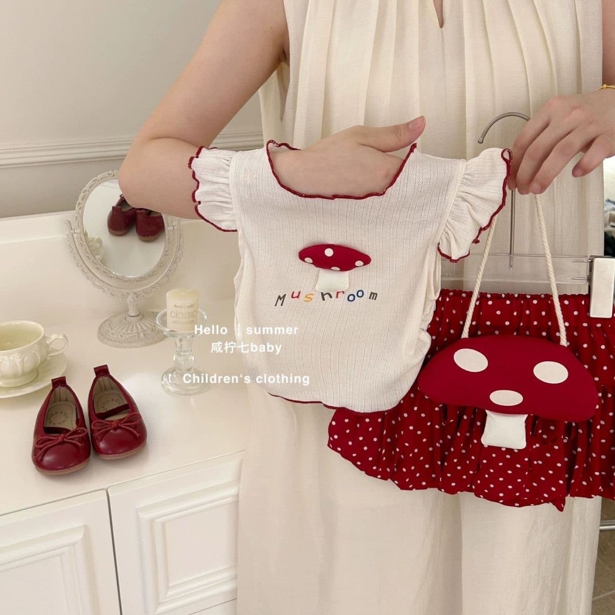 2026 Summer Girls Mushroom Theme Two-Piece Set Korean Style Trendy Vest and Bubble Shorts Cute Baby Summer Outfit