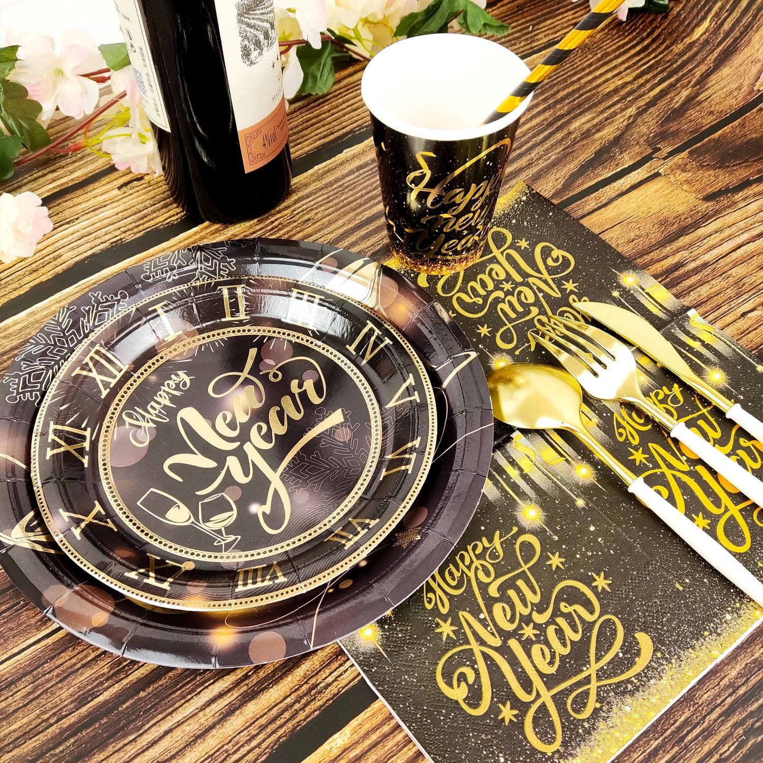 New Year Happy New Year Theme Party Supplies Black Gold Paper Cups Napkins Tableware Party Decoration Products Disposable Tableware