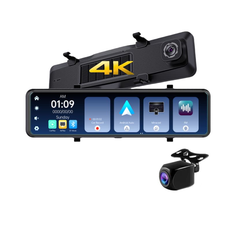 12-inch 4K+1080P Streaming Dash Cam with High-Definition Night Vision, Supports CarPlay and Android Auto