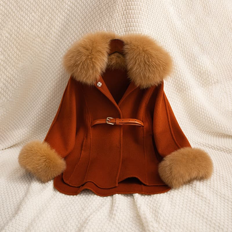 2025 New Wool Double-Faced Cashmere Coat Girl's Children's Belt Fox Fur Collar Wool Coat Winter Medium to Big Kids