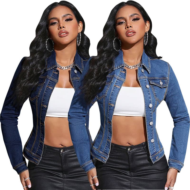 218619 European and American Fashion Women's Long Sleeve Lapel Pocket Denim Jacket Source Factory Direct