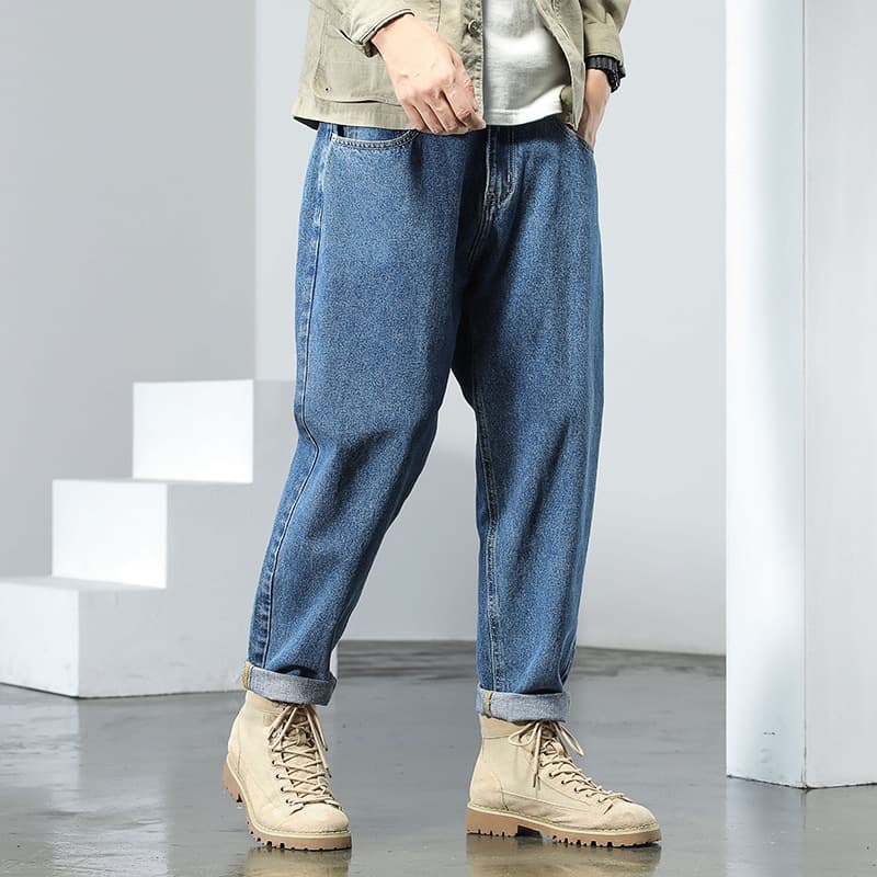 Autumn and winter trendy brand new jeans men's loose straight trendy casual pants non-elastic blue simple retro trousers trendy