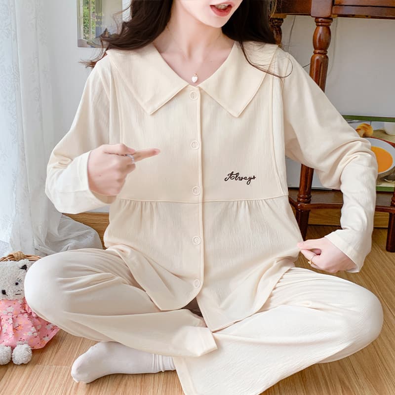 New Cotton Crepe Maternity Sleepwear Set, Loose Crepe Cotton Nursing Pajamas for Women, Spring and Autumn Postpartum Breastfeeding Clothes