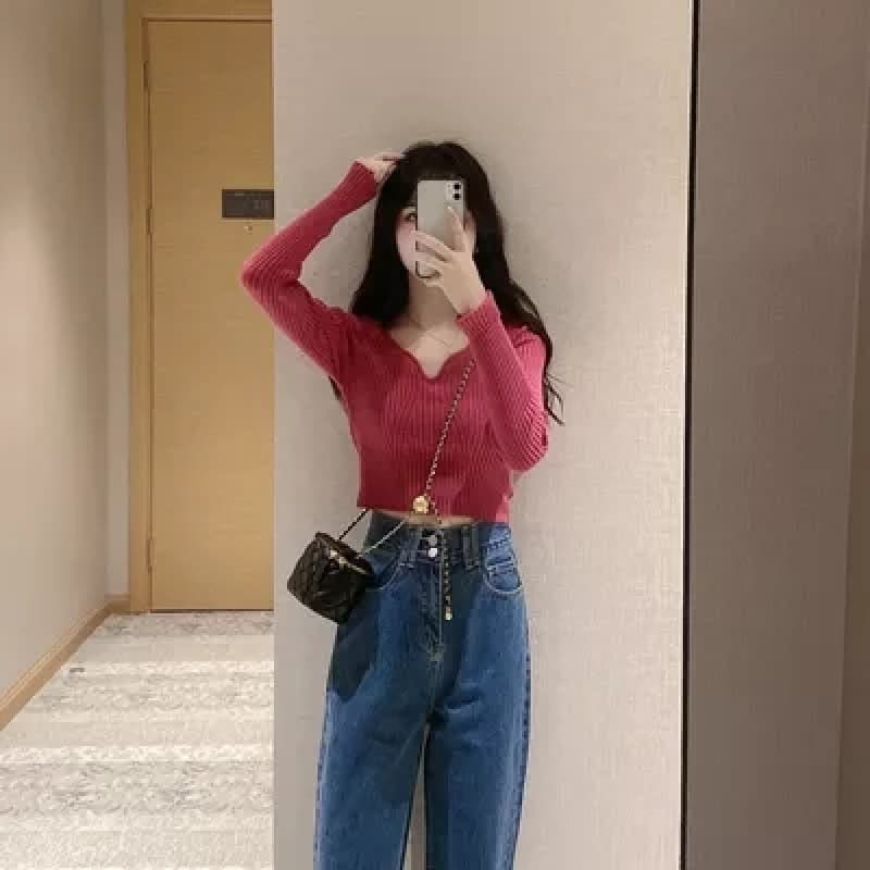 Knitted collared sweater, short high-waisted long-sleeved thin pullover, stretchy pitted sweater
