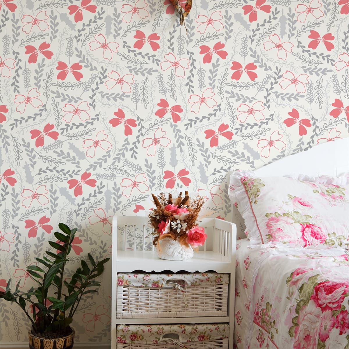 Pink Floral Light Beige Wallpaper for Living Room, Bedroom, Children's Room, Mural Decoration, Simple Style Wallpaper