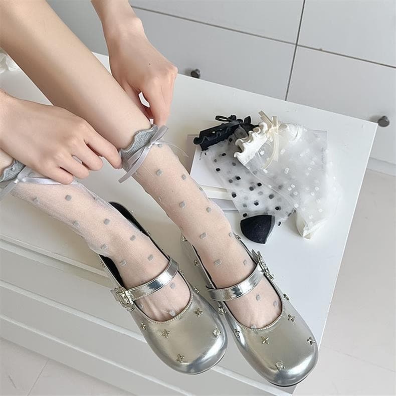 Women's Summer Sheer Glass Silk Bubble Sweet Bow Stockings Japanese Style Polka Dot Socks