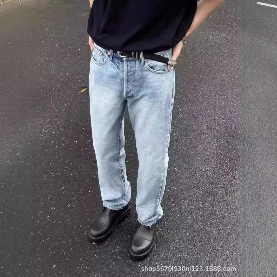 Cleanfit 501 Style Washed Snowflake Texture Ice Blue Straight Leg Vintage Jeans Slimming Vibe Pants