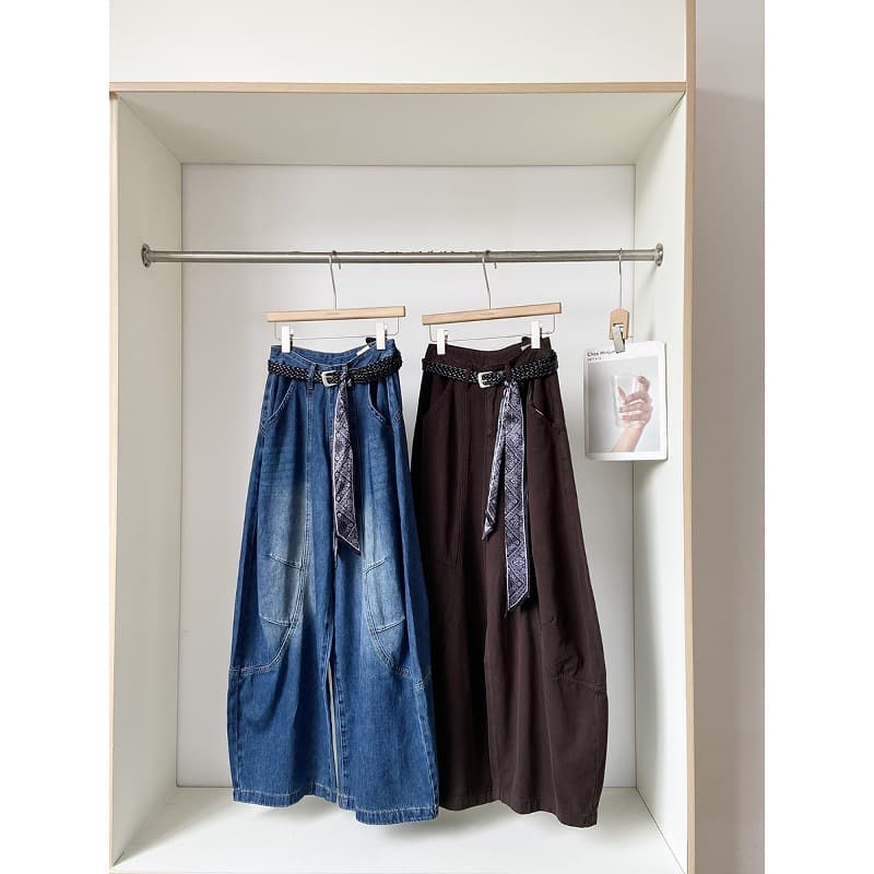 2025 American style vertical drop denim washed blue trousers for women 2025 autumn new Korean style versatile wide leg pants