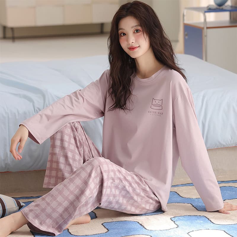 Women's Long-Sleeve Plaid Pajama Set, Cotton-Like, Purple, 2026 New Style, Homewear Suit for Winter