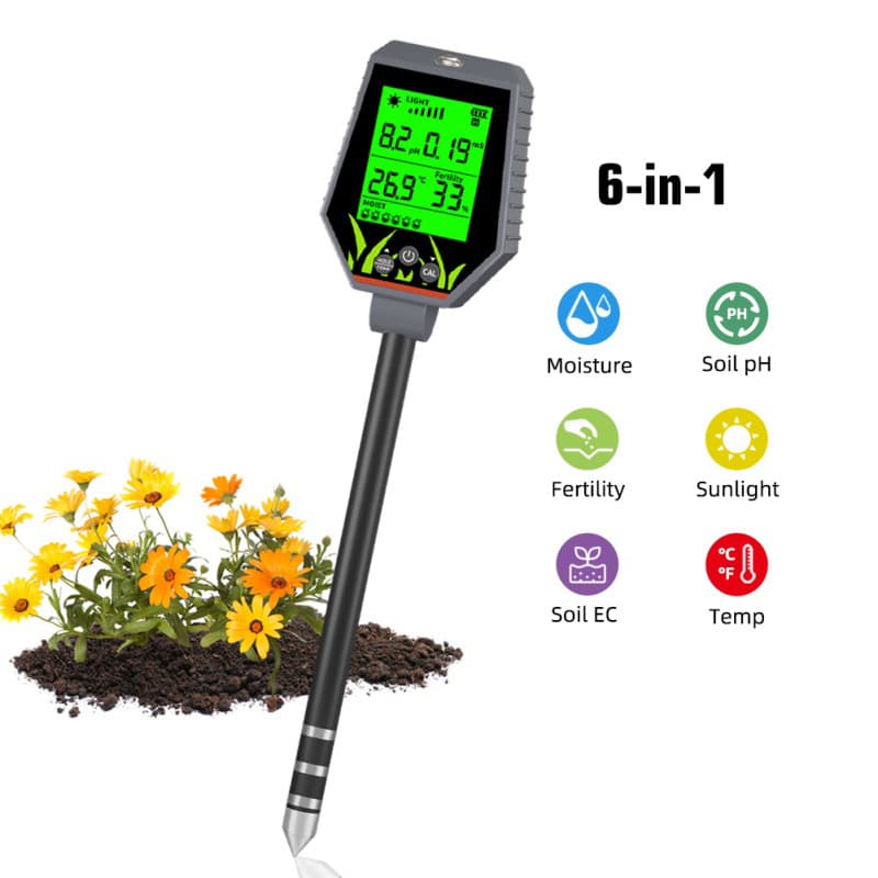 Six-in-One Soil Tester pH Meter/Fertility Light Intensity Temperature Humidity Orchard Compost Planting Detector