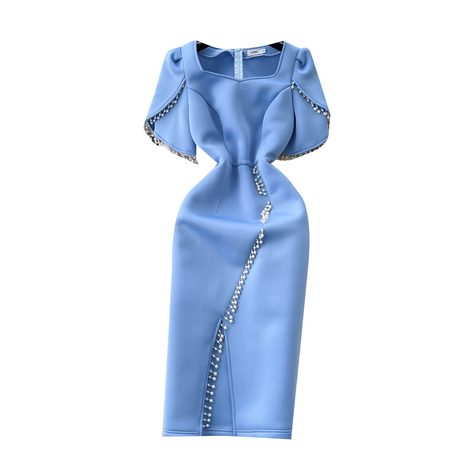 Women's European and American Style Formal Dress 2025 Spring High-End Beaded Fringe Square Neck Short Sleeve Waist-Cinching Slit Dress