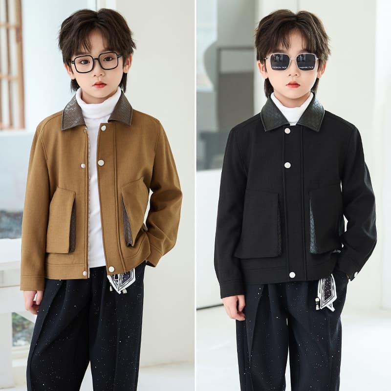 Boys' New Autumn/Winter Retro Leather Collar Jacket, Korean Style Casual Turn-Down Collar Top Set for Kids