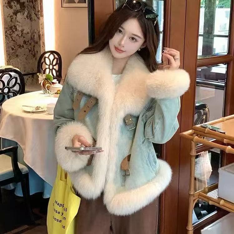 Korean-Style Down Jacket with Fur Collar, Blue Denim Coat for Women, Winter Thickened Warm Fur Coat