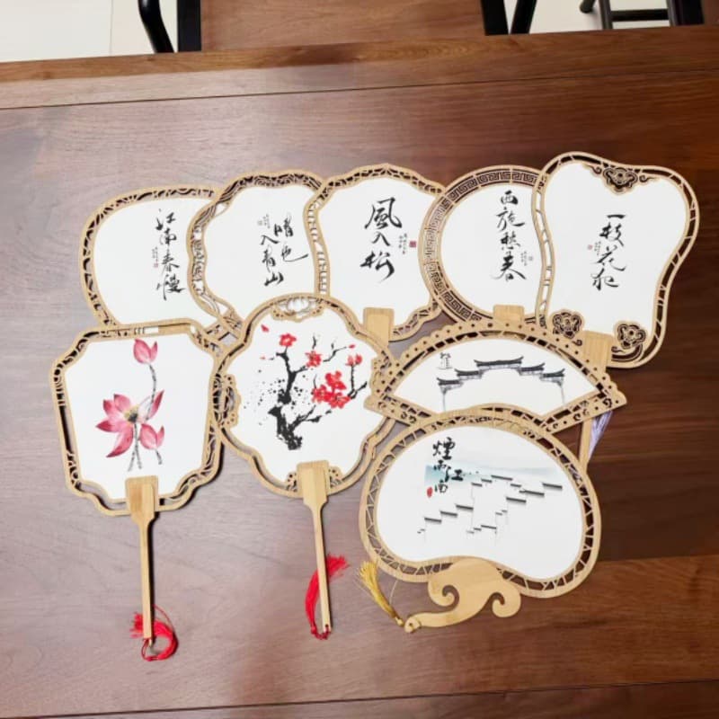 Ancient style hollow wooden round fan Chinese rice paper blank fan Chinese style traditional Chinese painting calligraphy fan bleached paint painting paper fan