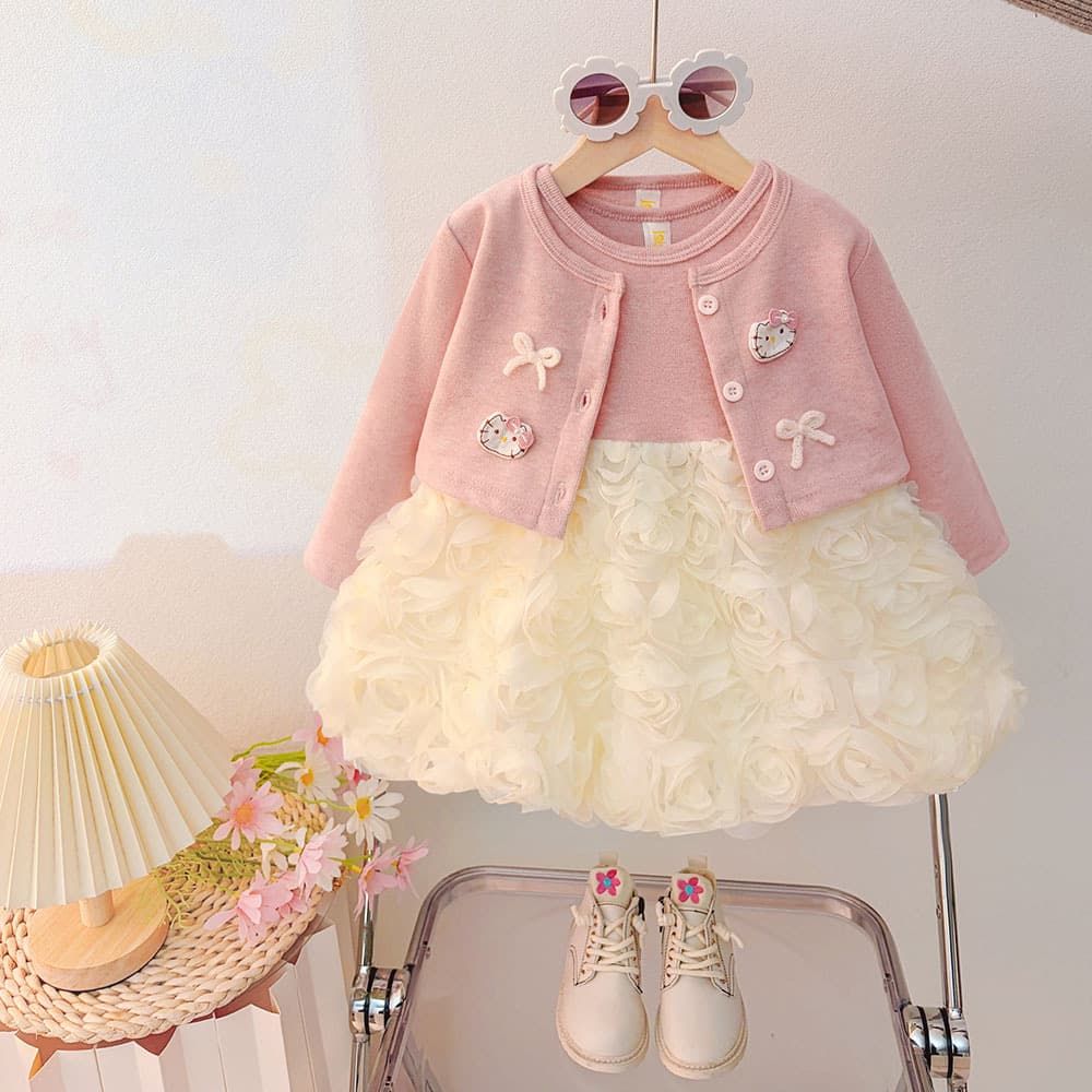Live Supply Girls' Cute Cat Cardigan Dress 2026 New Spring Rose Dress Foreign Trade Wholesale