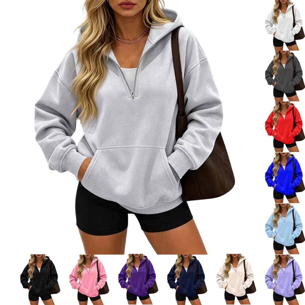 Amazon Cross-Border Quarter-Zip Hoodie Loose Athletic Sweatshirt With Pocket Solid Color Plain Hoodie