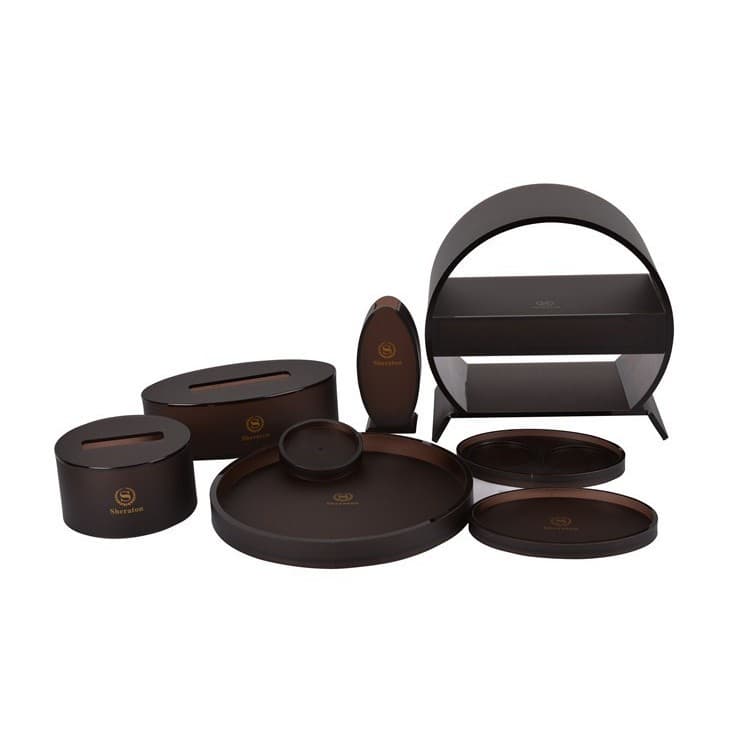 Customized acrylic storage boxes, cup holders, toothbrush and toiletries sets for hotels and guesthouses.