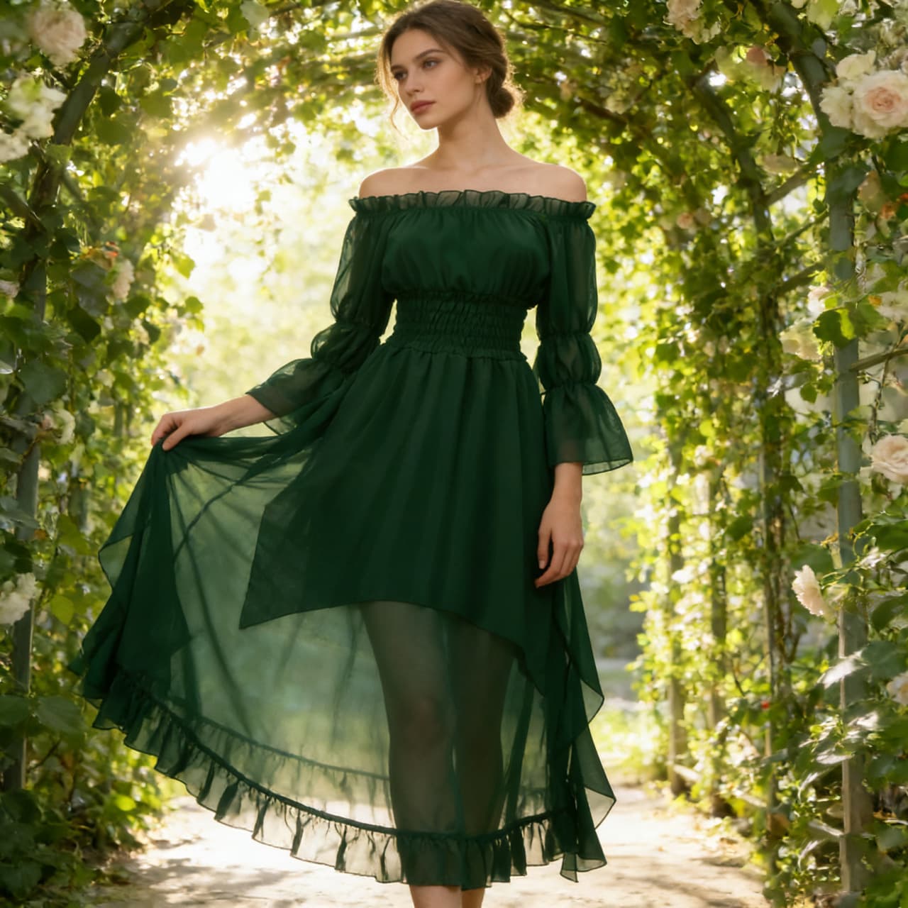 Amazon Medieval Victorian Off-Shoulder Chiffon Ruffled Renaissance Fairy Solid Color Dress