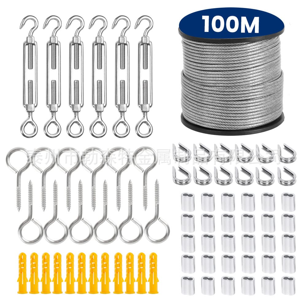 Stainless Steel Rubber-Coated Wire Rope Suspension Kit Outdoor String Light Thimble Hook Tightener Cable Railing Kit