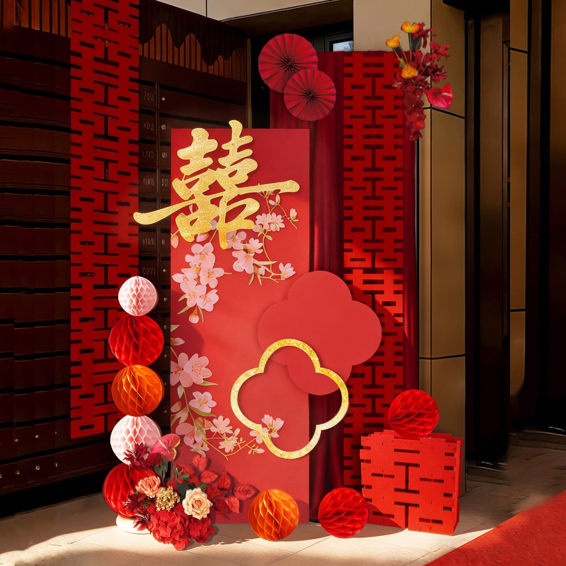New Chinese Wedding Welcome Sign, Wedding Decoration with Double Happiness Character, KT Board for Rural Engagement Party, Wedding Room Background Board