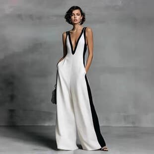 2026 Cross-Border EU & US Summer Fashion Sleeveless Women's V-Neck Contrast Color Wide-Leg Jumpsuit - Light Luxury Premium Look