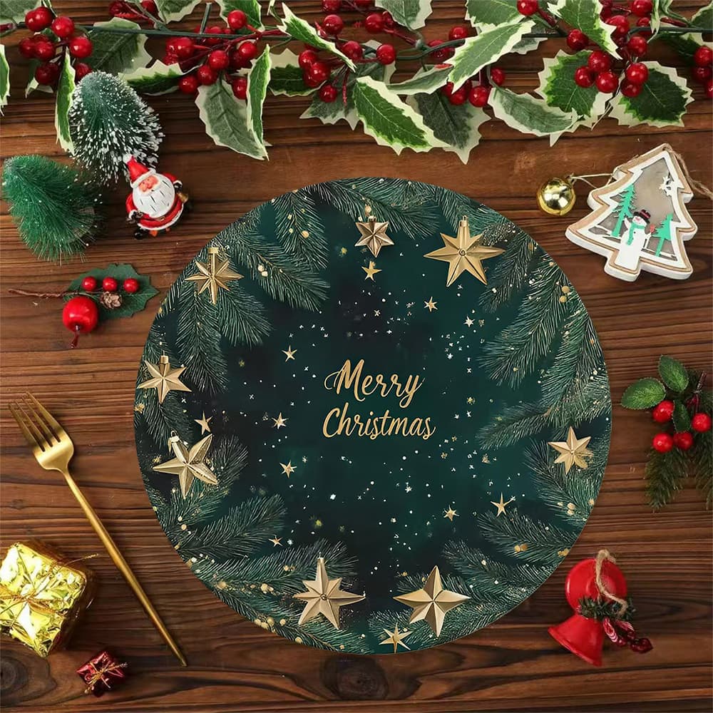 Customizable Cross-Border Temu Amazon Hot-Selling Green Christmas Tree Snowflake Round Placemats with Ambiance