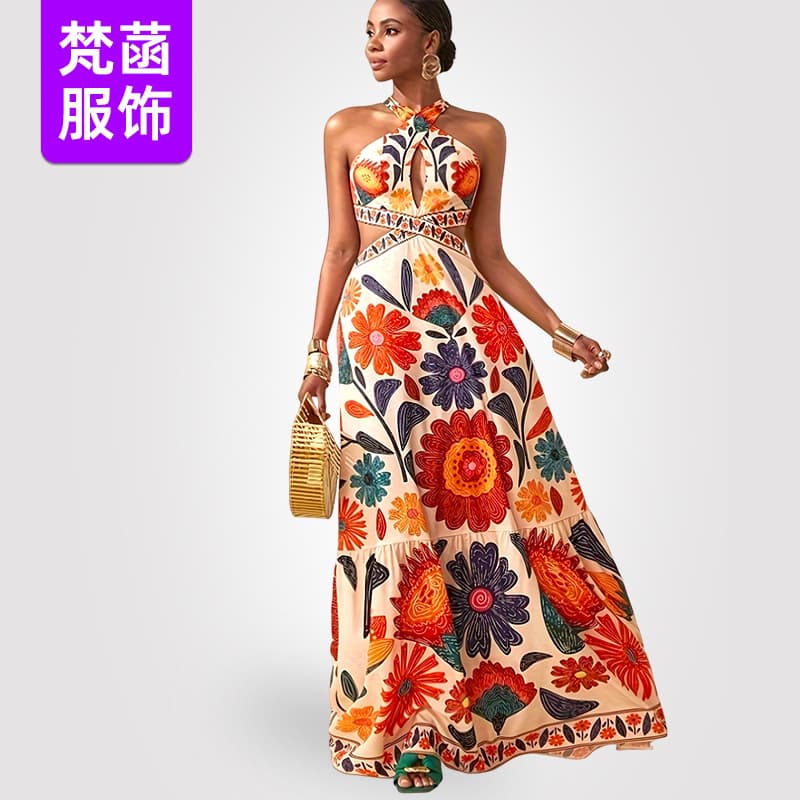 Overseas Trade Cross-border Wholesale 2026 Summer New Arrival Women's Vacation Style Printed Blended Fabric Strapless Sleeveless Dress