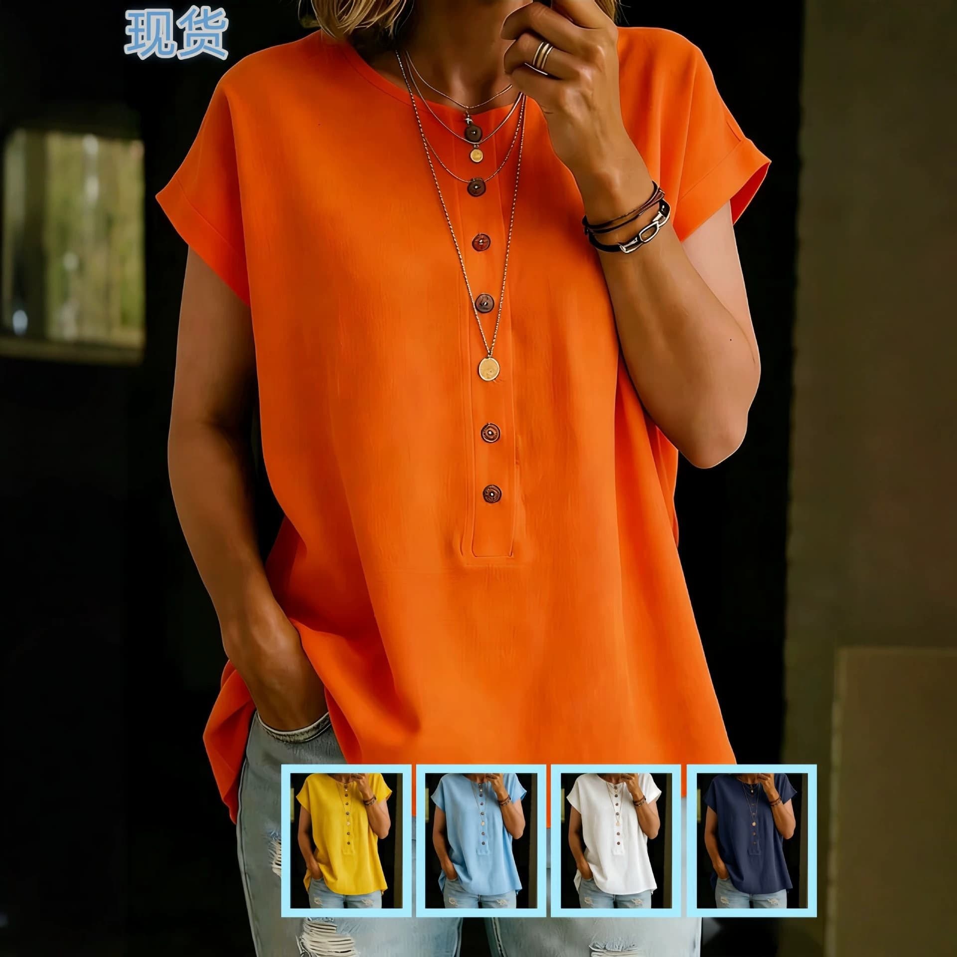 Cross-Border Hot-Selling Multi-Color Cotton-Linen Short-Sleeve Top Loose Breathable Half-Button Design Women's T-Shirt Wholesale Supply
