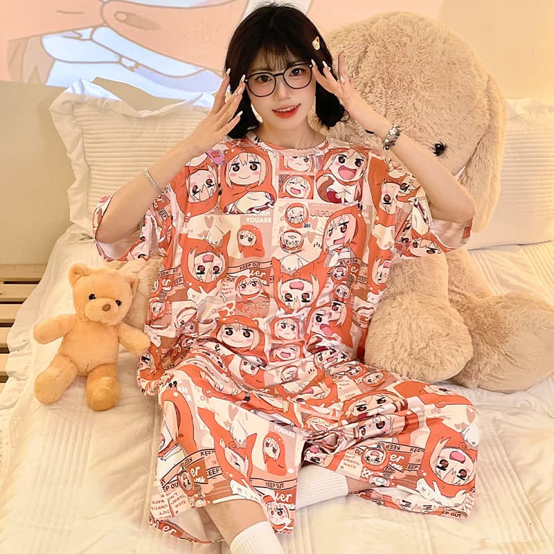 Simple Japanese-style Midi Sleep Dress Loose Oversized Pajama Knit Cotton Short Sleeve Homewear Summer Unisex