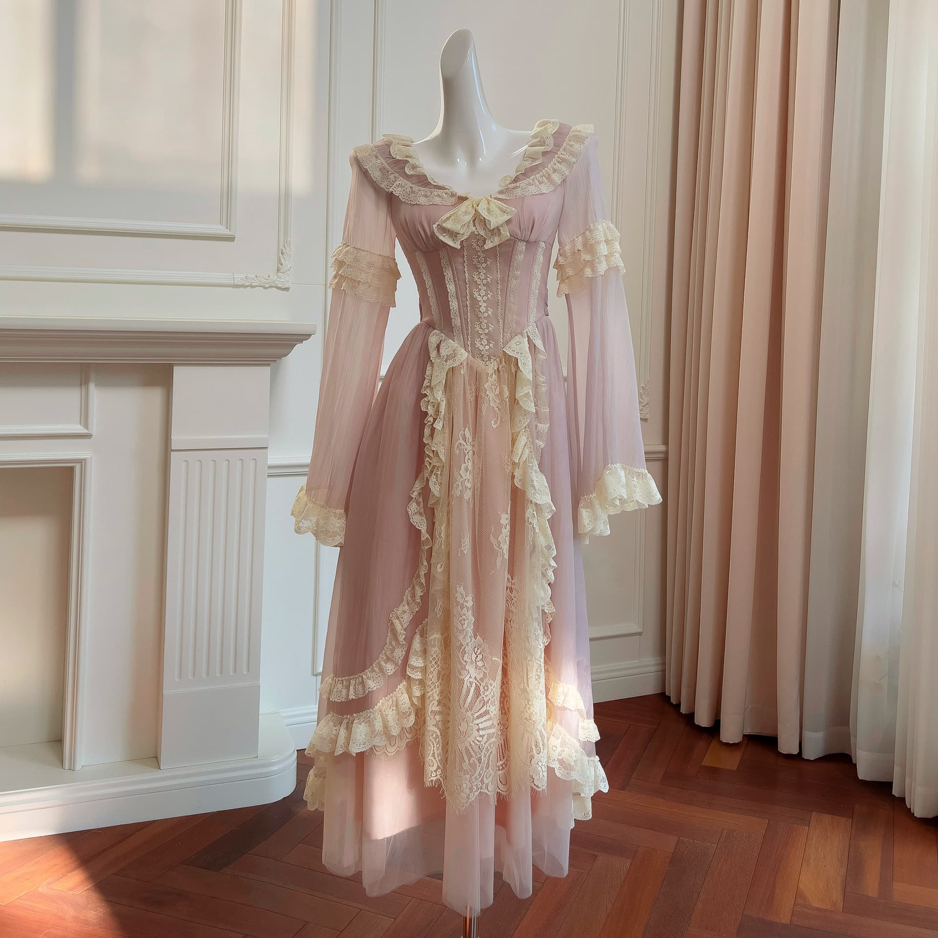 Yigelila Cream Pink Long Sleeve Elegant Waist-Cinching Slimming Casual Dress for Women 68812