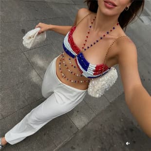 European and American New Contrast Color Handmade Beaded Red White Blue Multi-layer Bead Chain Music Festival Hot Girl Outerwear Tank Top for Women