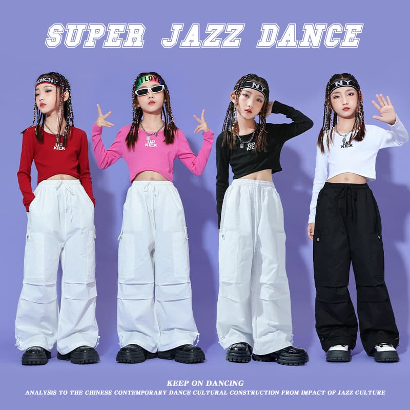 Girls Sweet Cool Jazz Dance Costume, Fashion Paratrooper Cargo Pants, Kids Hip Hop Jazz Performance Trendy Wear