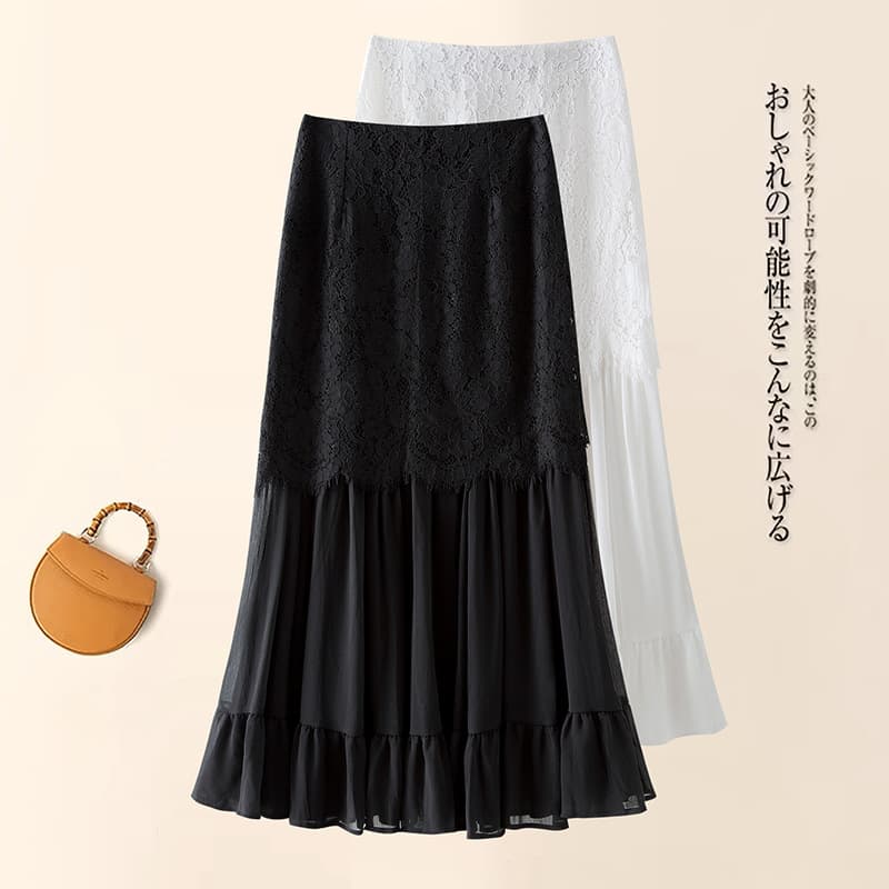 Black Lace Patch Mesh Mermaid Skirt Women 2026 Summer Thin New High Waist Fishtail Bodycon Midi Skirt