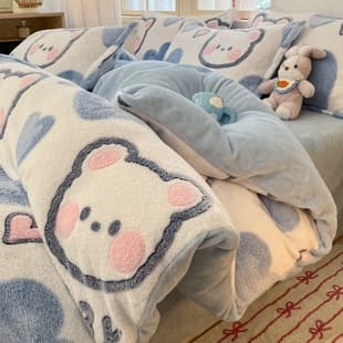 Snowflake Fleece 4-Piece Bedding Set Winter Warm Coral Fleece Cute Cartoon Double-Sided Fleece 3D Milk Fleece 4-Piece Set
