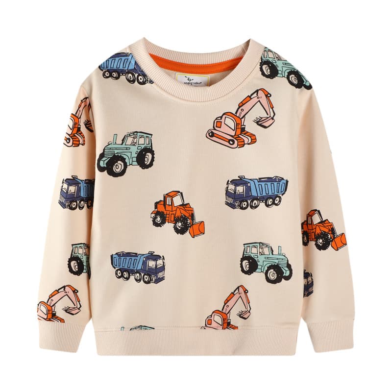 Jumping European and American Long-Sleeve Cute Boys' Sweatshirt, New Autumn Style with Excavator Pattern, Boys' Clothing