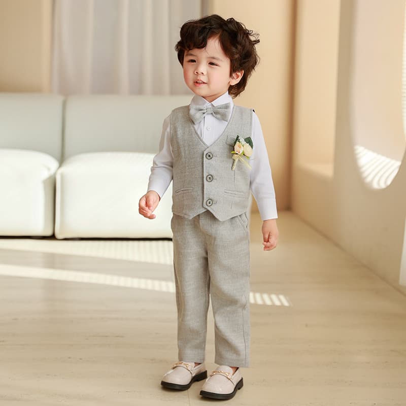 Children's Flower Boy Tuxedo Vest Set, Long-Sleeve Shirt Suit for Toddler Birthday, Spring/Autumn Performance Wear