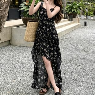 Black Hot Girl Sexy Slim Front Short Back Long Camisole Dress New Gentle Temperament Chiffon Floral Dress Women Summer
