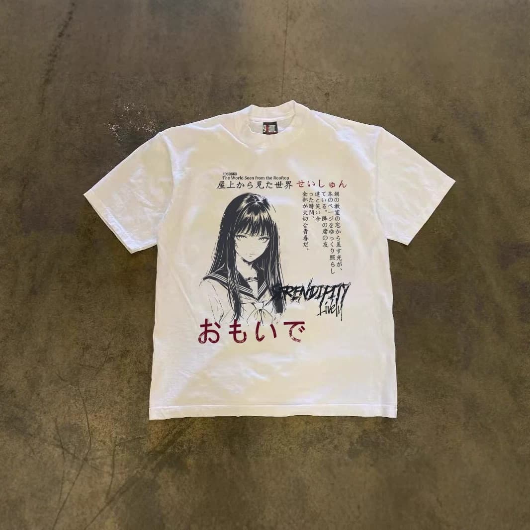 250g Heavyweight Pure Cotton! American-Style Oversized Anime Girl Print Retro Loose Short-Sleeved T-Shirt for Men Y2K