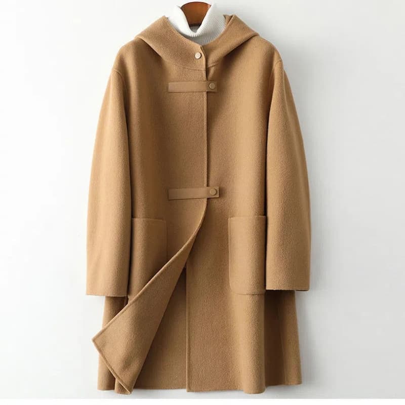 2025 new wool coat for women, elegant large-pocket loose fashionable hooded double-faced wool coat.
