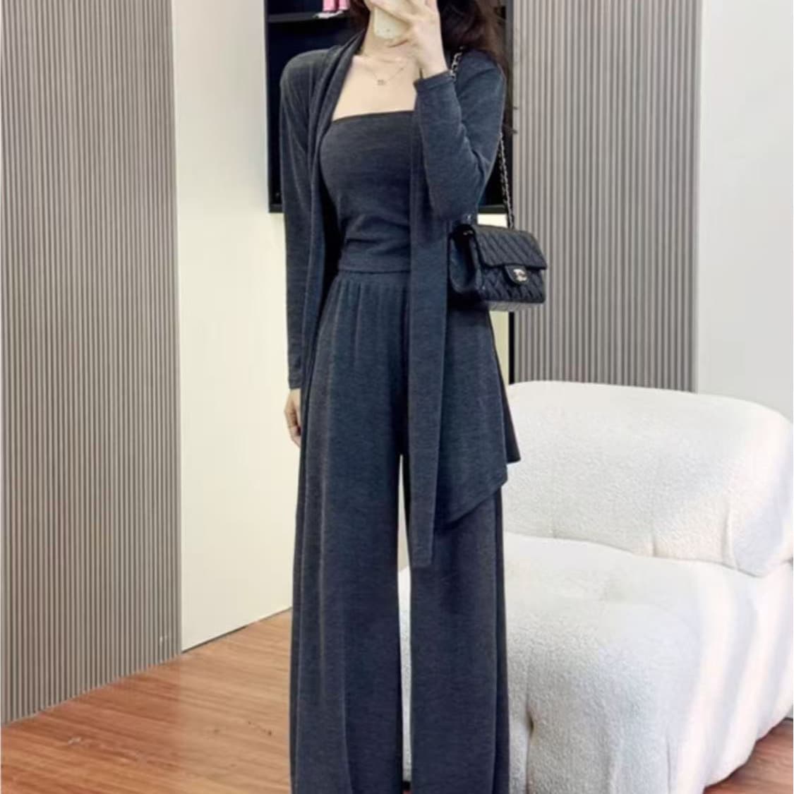 Korean-style Glutinous Rice Three-Piece Set 2025 Lazy Lounge Cardigan Wide-Leg Pants Camisole New Fashion Casual Sportswear Set