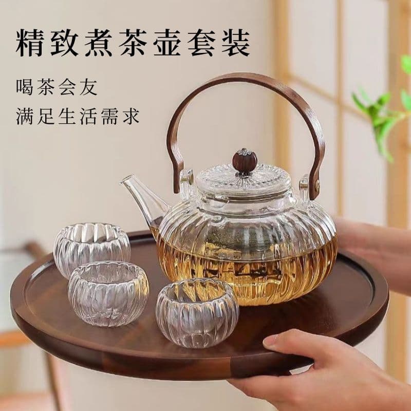 Wholesale striped glass teapot with pumpkin shape, direct shipping available, compatible with open flame