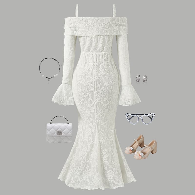 European and American Style Kids' Fall/Winter New Arrival Off-Shoulder Flared Sleeve Lace Elegant Fitted Bodycon Dress for Girls